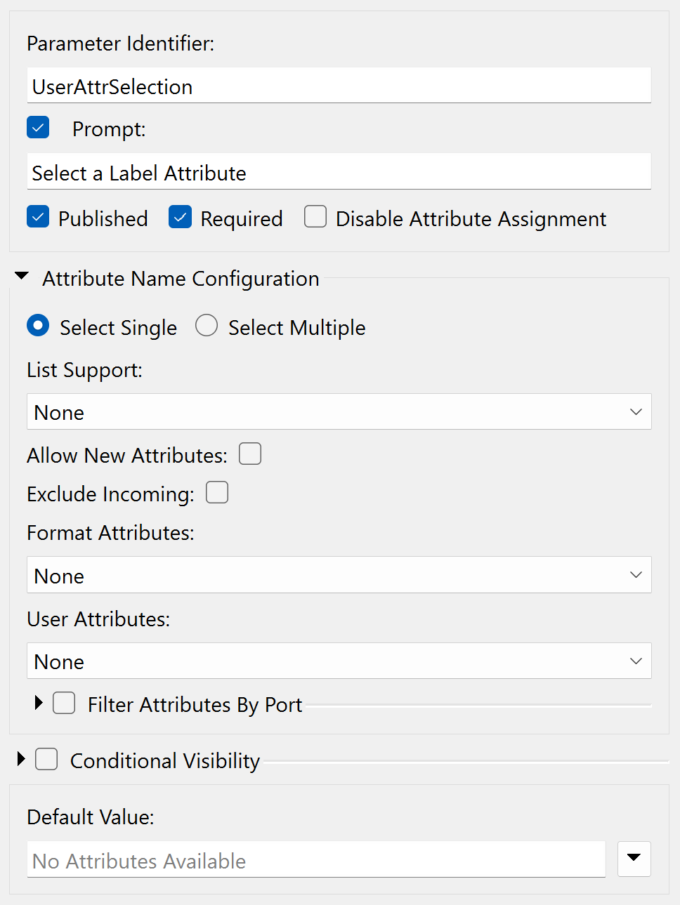 Attribute name user parameter configuration